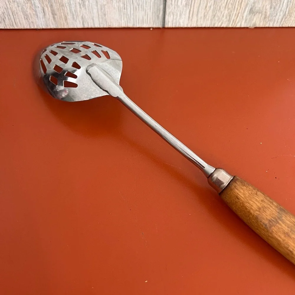 VTG‎ EKCO A&J Slotted Spoon Chrome Plated Wood Handle USA Kitchen Tool 11.75in